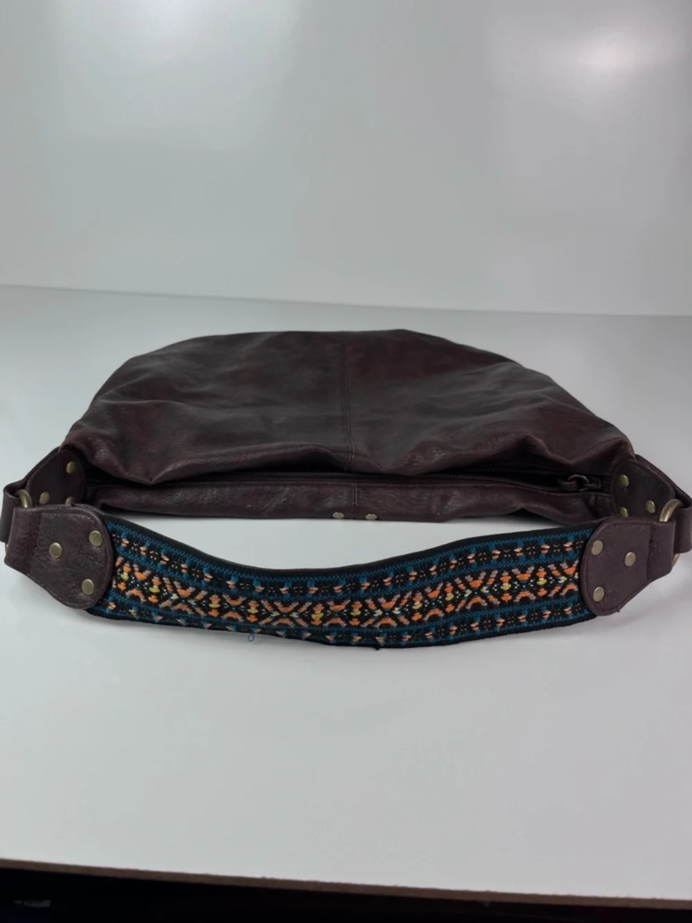 Roxy Brown Faux Leather Hobo Bag Aztec Woven Strap Gold toned Studded Y2K